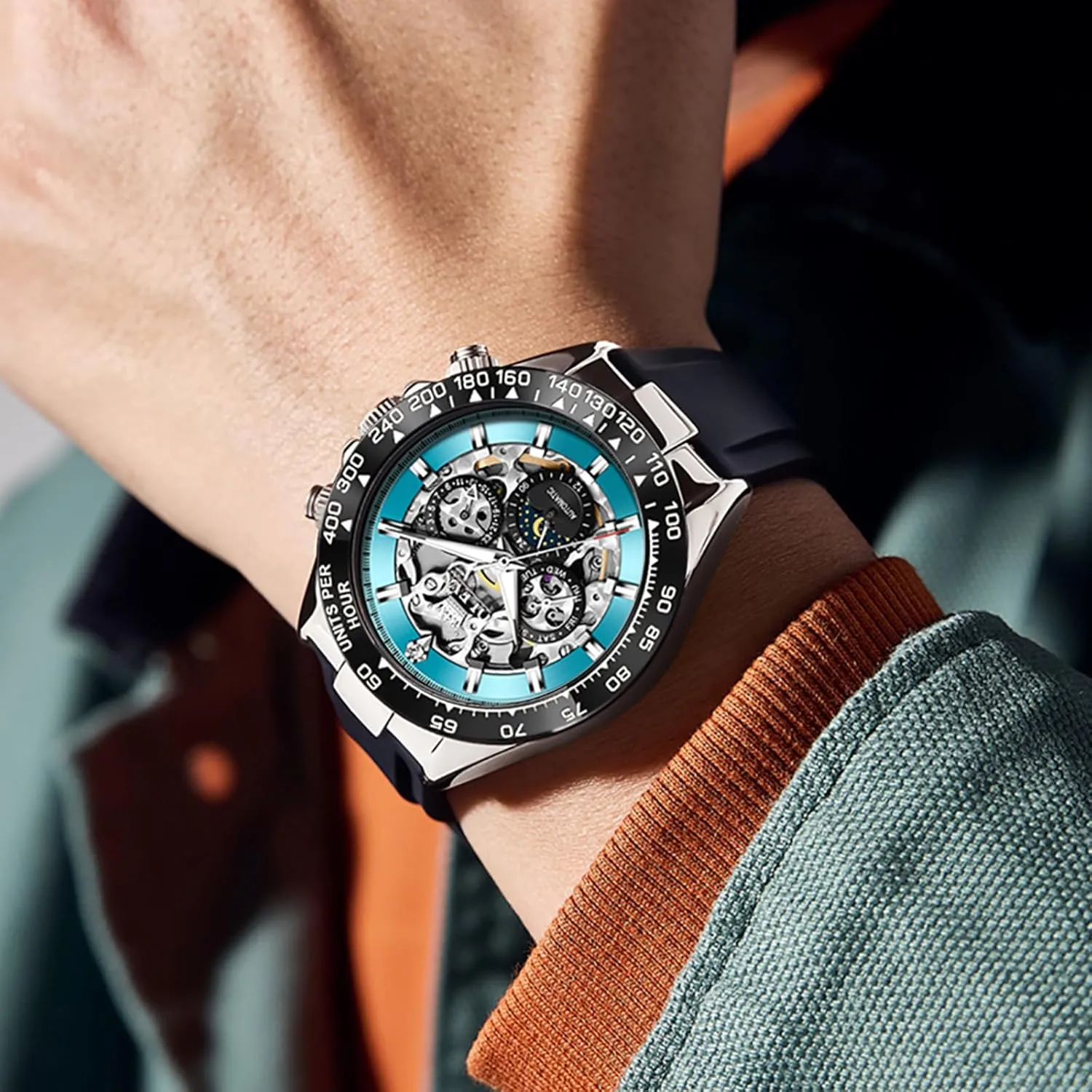 Men Skeleton Self Winding Watch Stainless odd publisher avocational immune indigestible cohesion Steel Silicone Waterproof Luminous Diamond Six-Hand Moon Phase Mechanical Wirst Watch OLEVS Automatic Watches for 