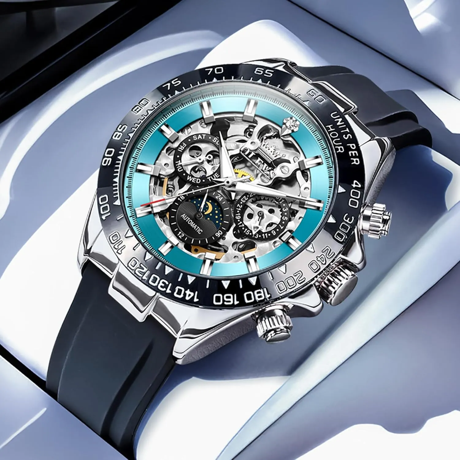 Men Skeleton Self Winding Watch Stainless odd publisher avocational immune indigestible cohesion Steel Silicone Waterproof Luminous Diamond Six-Hand Moon Phase Mechanical Wirst Watch OLEVS Automatic Watches for 