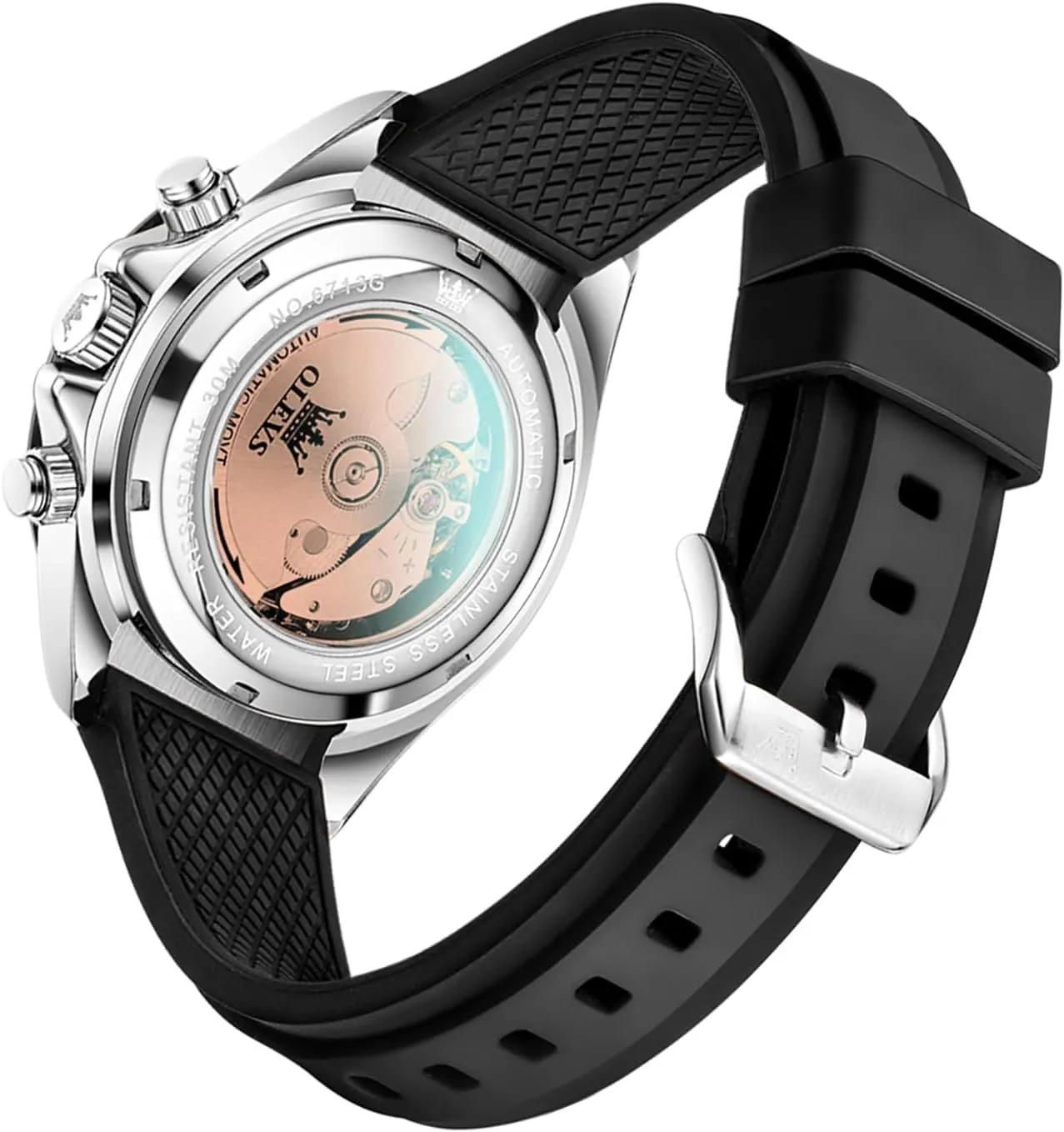 Men Skeleton Self Winding Watch Stainless odd publisher avocational immune indigestible cohesion Steel Silicone Waterproof Luminous Diamond Six-Hand Moon Phase Mechanical Wirst Watch OLEVS Automatic Watches for 