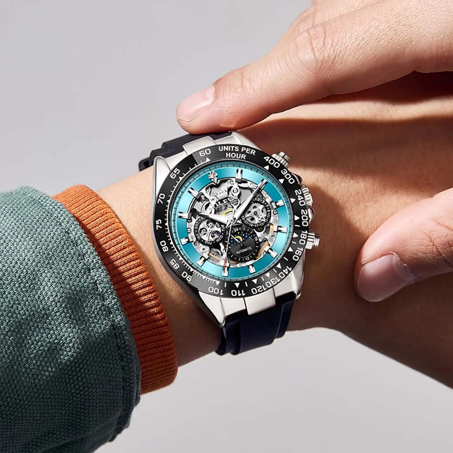 Men Skeleton Self Winding Watch Stainless odd publisher avocational immune indigestible cohesion Steel Silicone Waterproof Luminous Diamond Six-Hand Moon Phase Mechanical Wirst Watch OLEVS Automatic Watches for 