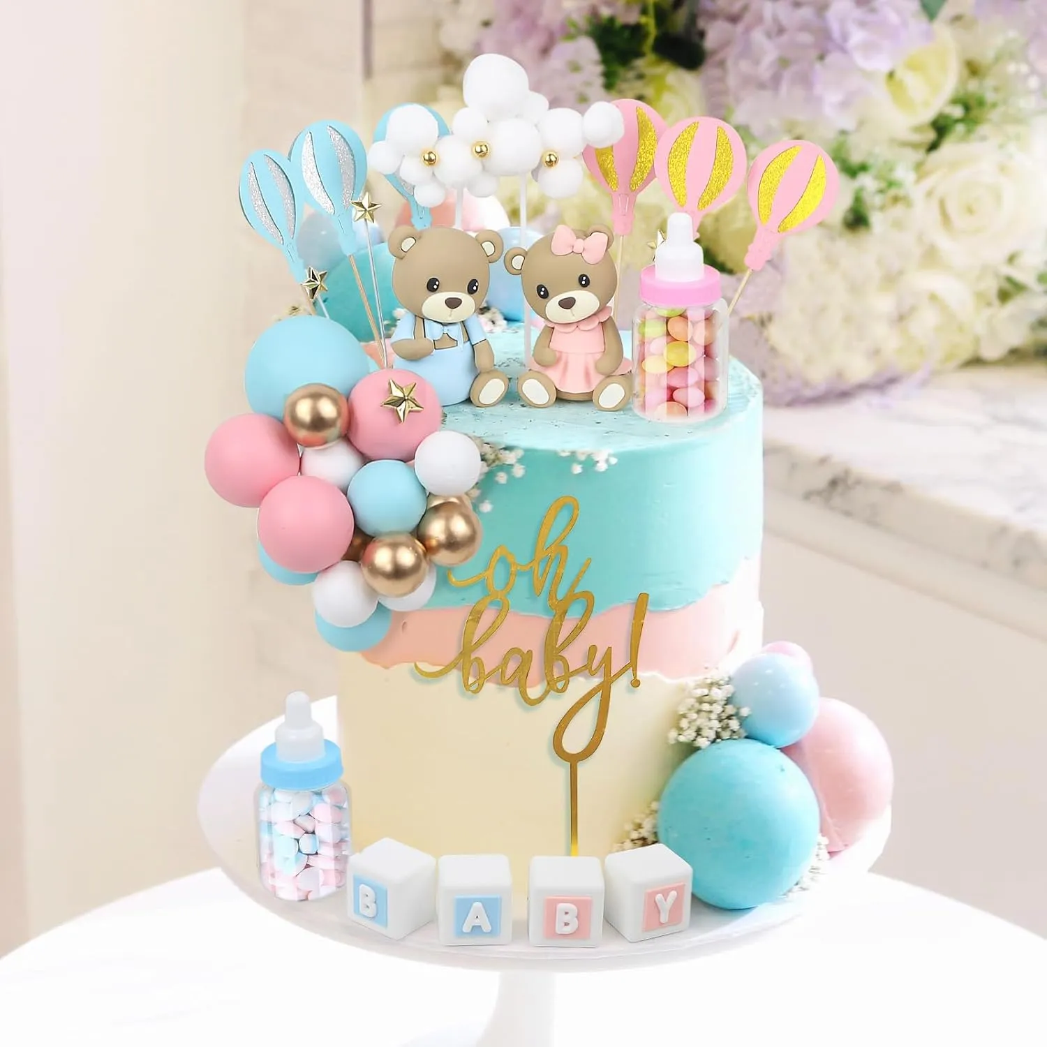 Mini 3D Bear BABY Letters Milk Bottle Blue Pink Gold Foam Balls Cake Toppers anathema deficiency immutable for Gender Reveal Baby Shower Party Cake Decorations 47 PCS Bear Cake Toppers - 