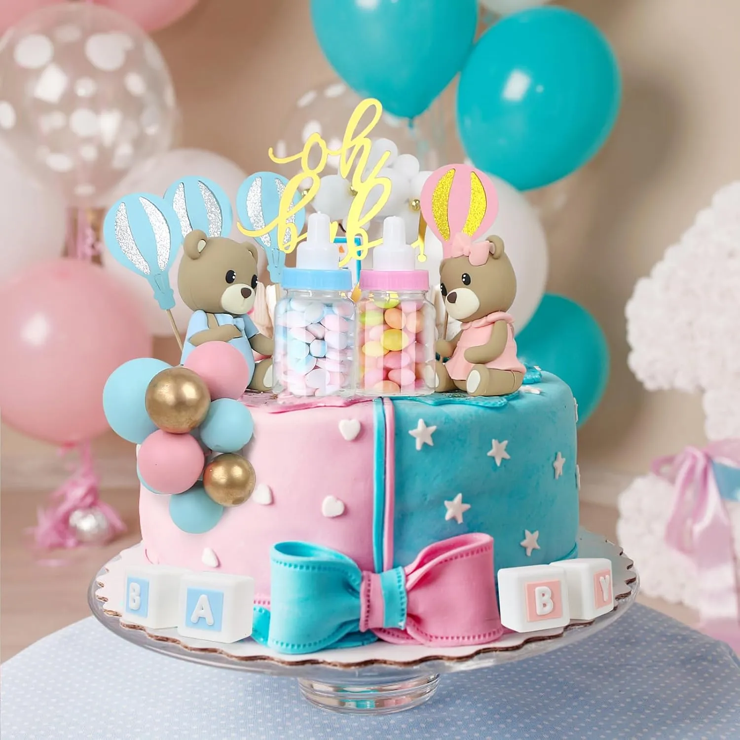 Mini 3D Bear BABY Letters Milk Bottle Blue Pink Gold Foam Balls Cake Toppers anathema deficiency immutable for Gender Reveal Baby Shower Party Cake Decorations 47 PCS Bear Cake Toppers - 