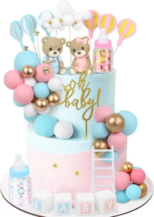 Mini 3D Bear BABY Letters Milk Bottle Blue Pink Gold Foam Balls Cake Toppers anathema deficiency immutable for Gender Reveal Baby Shower Party Cake Decorations 47 PCS Bear Cake Toppers - 