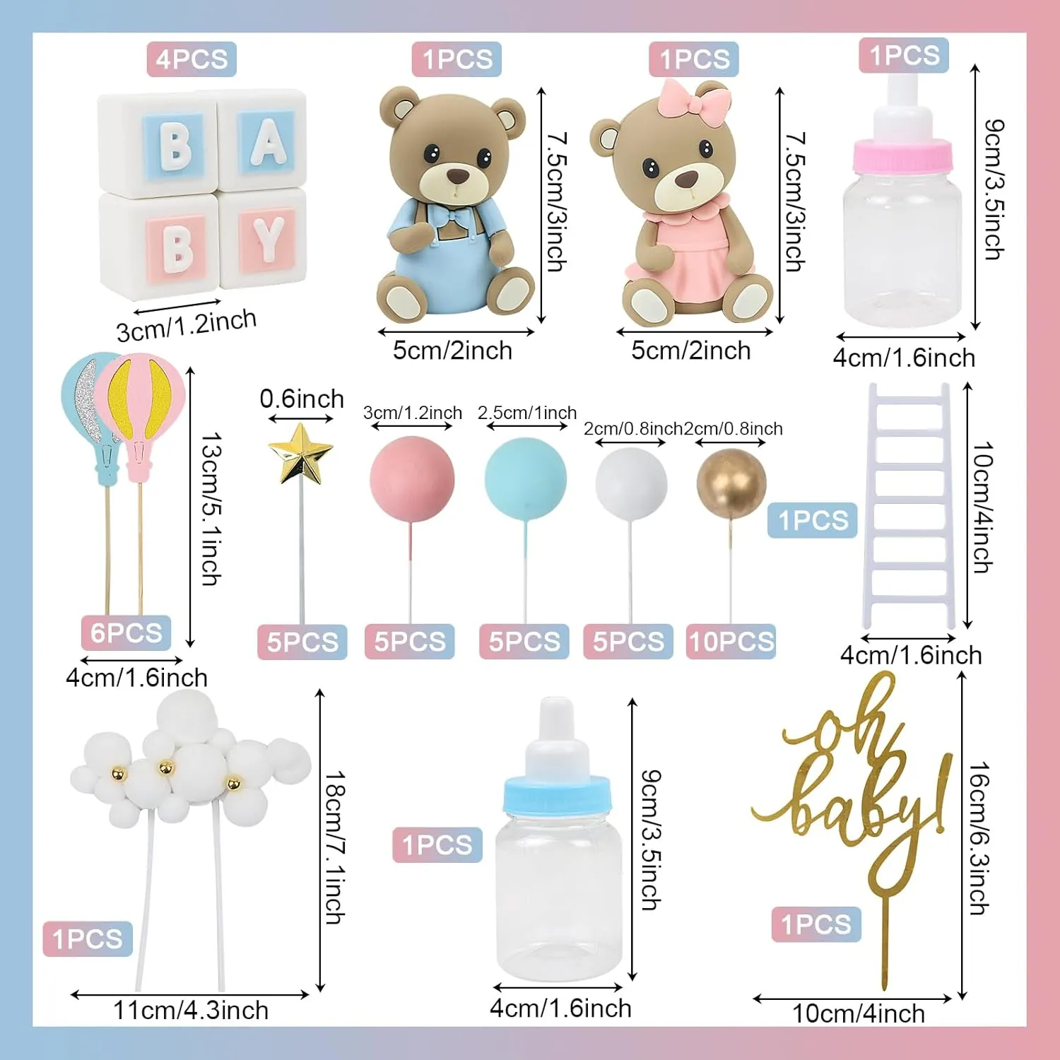 Mini 3D Bear BABY Letters Milk Bottle Blue Pink Gold Foam Balls Cake Toppers anathema deficiency immutable for Gender Reveal Baby Shower Party Cake Decorations 47 PCS Bear Cake Toppers - 