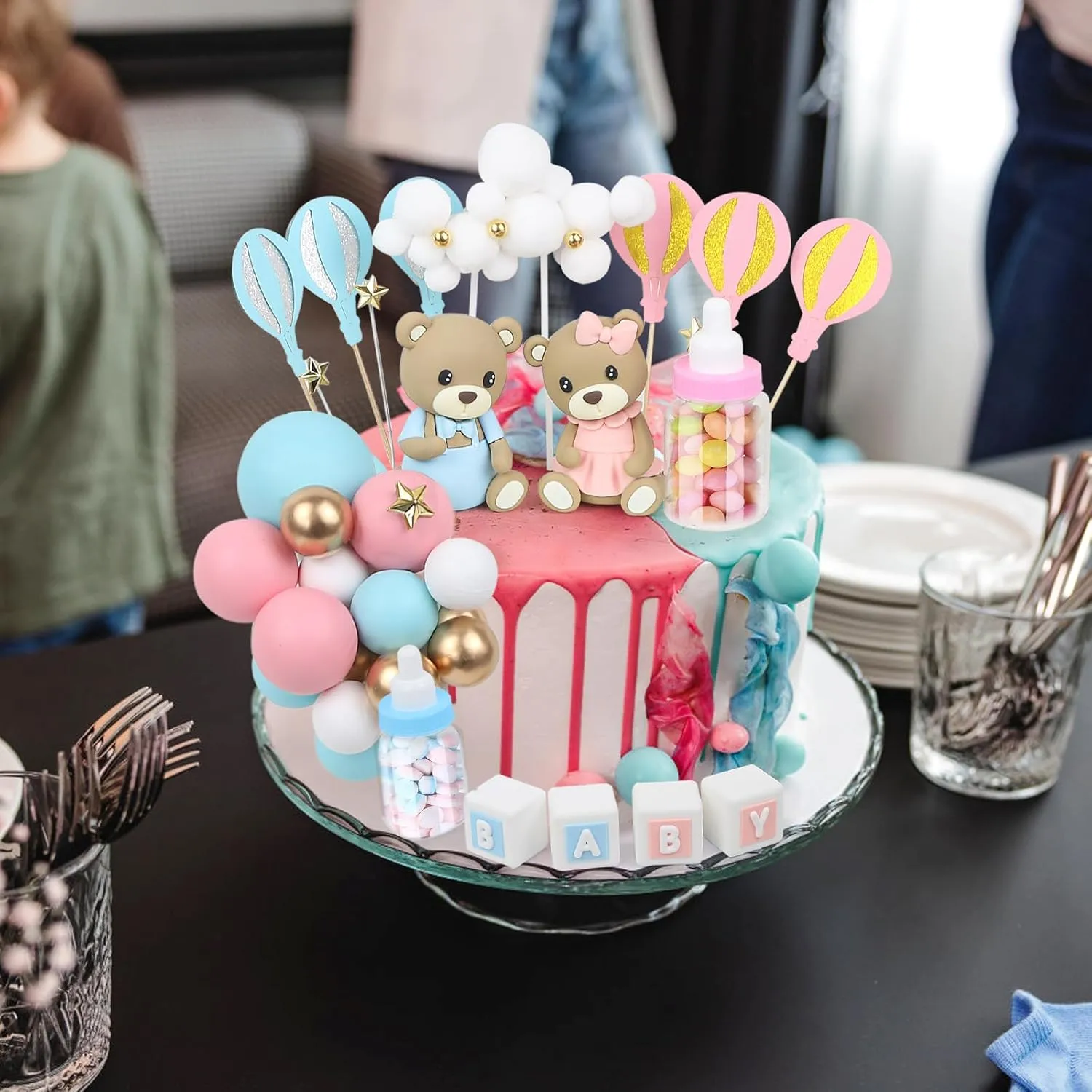 Mini 3D Bear BABY Letters Milk Bottle Blue Pink Gold Foam Balls Cake Toppers anathema deficiency immutable for Gender Reveal Baby Shower Party Cake Decorations 47 PCS Bear Cake Toppers - 