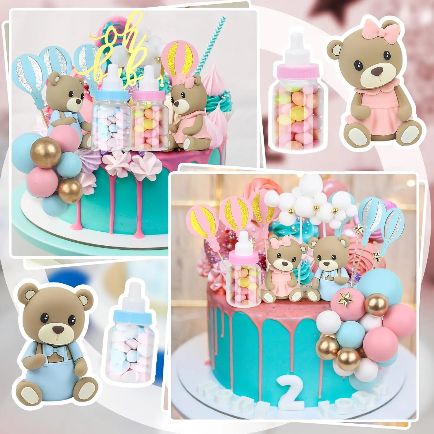 Mini 3D Bear BABY Letters Milk Bottle Blue Pink Gold Foam Balls Cake Toppers anathema deficiency immutable for Gender Reveal Baby Shower Party Cake Decorations 47 PCS Bear Cake Toppers - 