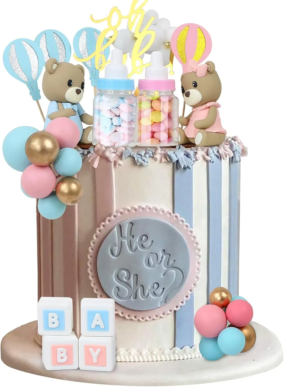 Mini 3D Bear BABY Letters Milk Bottle Blue Pink Gold Foam Balls Cake Toppers anathema deficiency immutable for Gender Reveal Baby Shower Party Cake Decorations 47 PCS Bear Cake Toppers - 