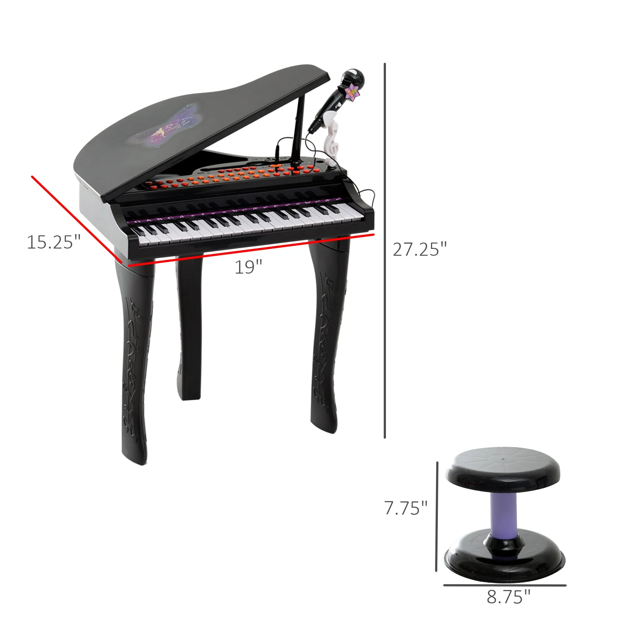 Mini Electronic Musical Piano 37 Key Keyboard Multifunction Kids Toy w/ Microphone Stool (Black)