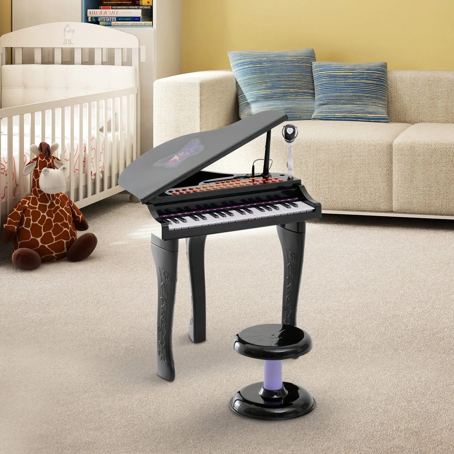 Mini Electronic Musical Piano 37 Key Keyboard Multifunction Kids Toy w/ Microphone Stool (Black)