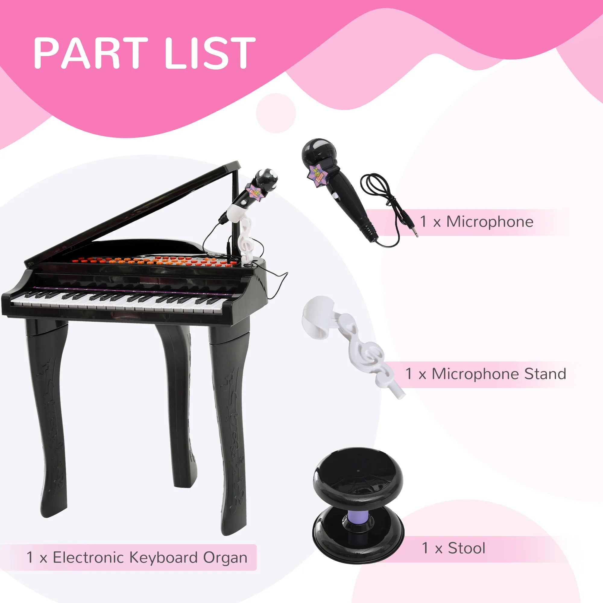 Mini Electronic Musical Piano 37 Key Keyboard Multifunction Kids Toy w/ Microphone Stool (Black)