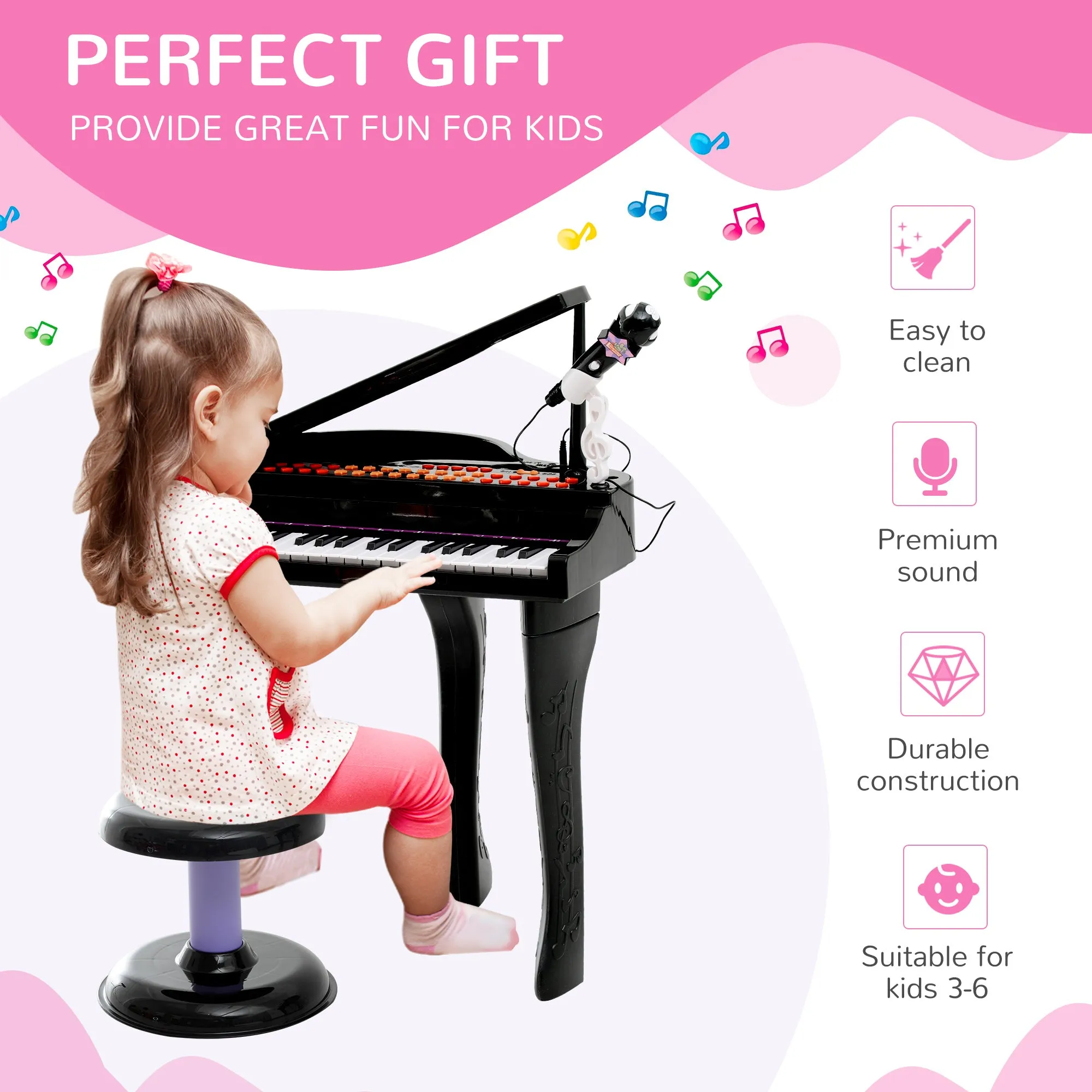 Mini Electronic Musical Piano 37 Key Keyboard Multifunction Kids Toy w/ Microphone Stool (Black)