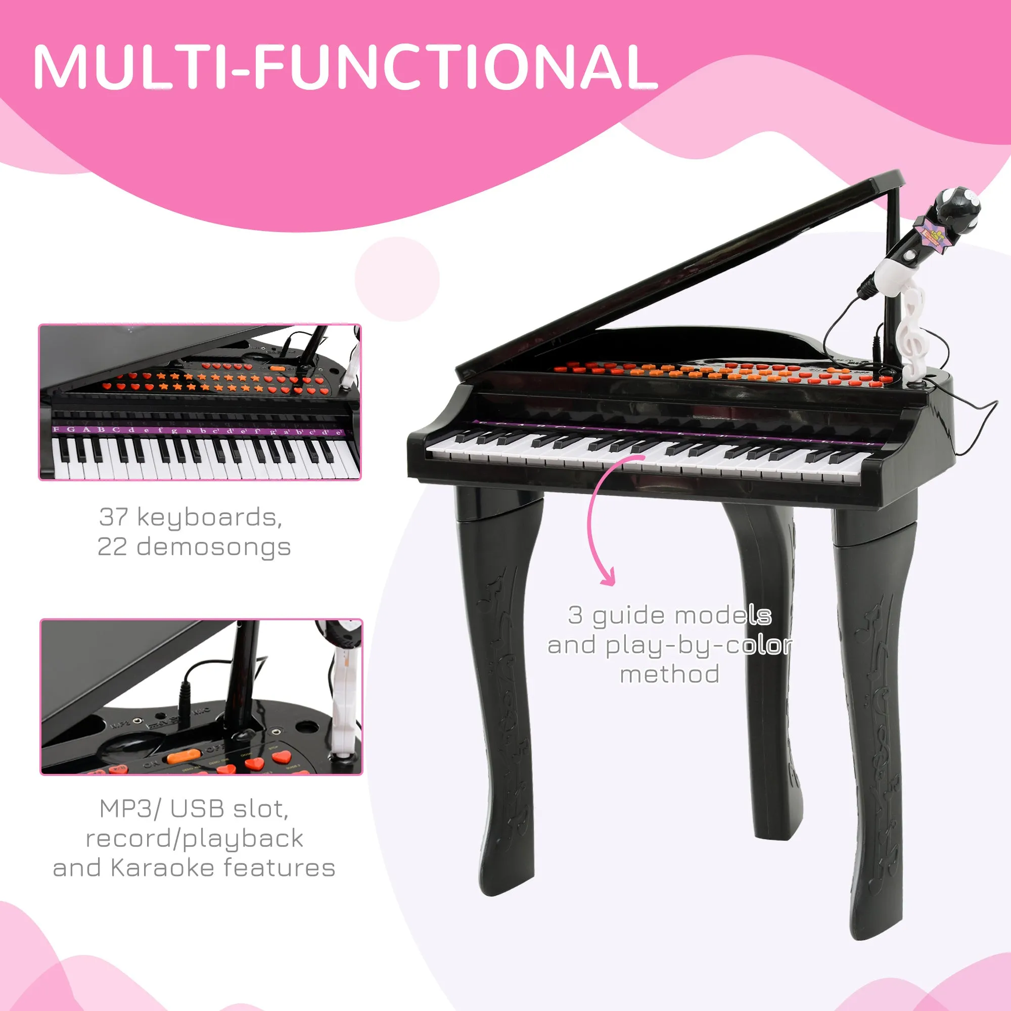 Mini Electronic Musical Piano 37 Key Keyboard Multifunction Kids Toy w/ Microphone Stool (Black)