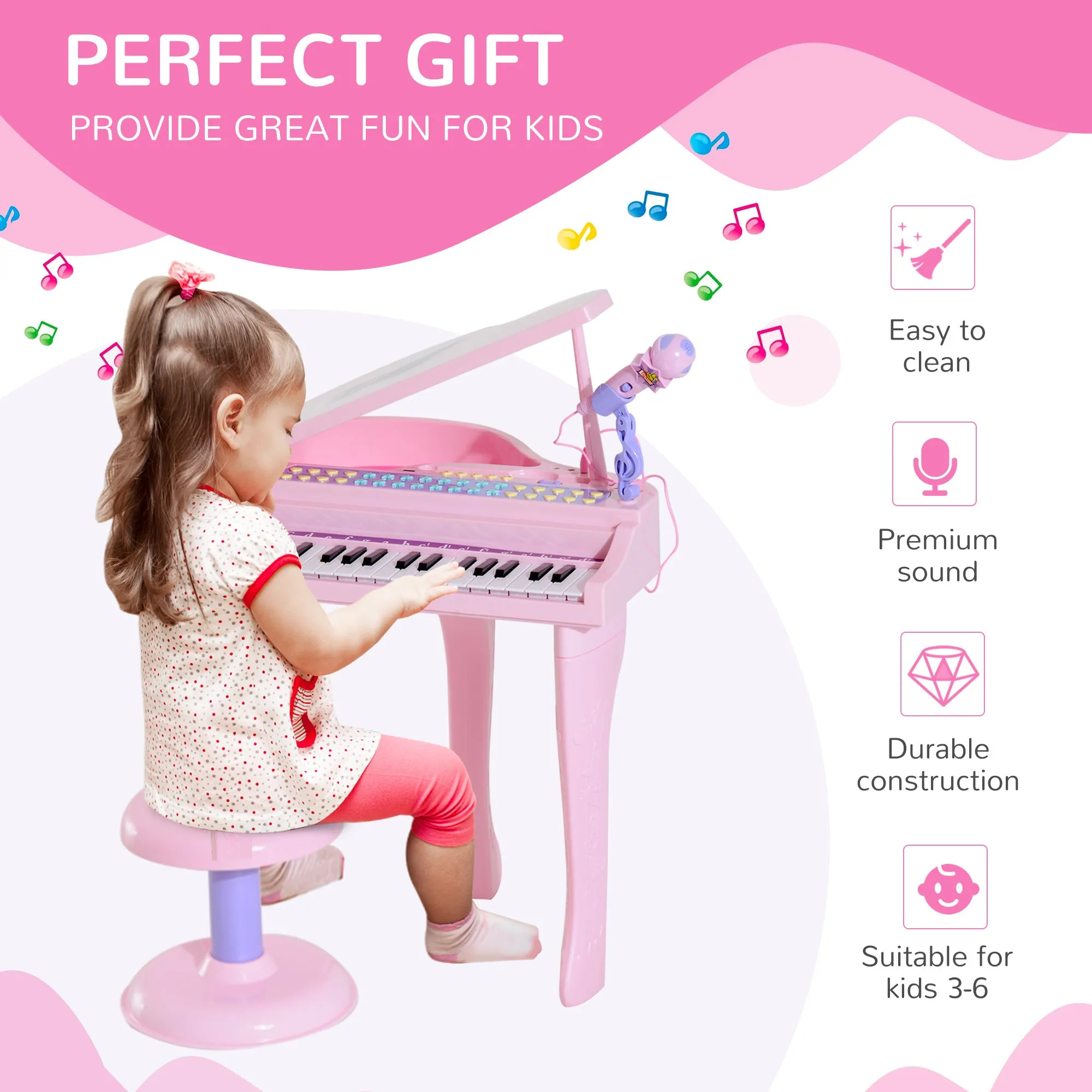 Mini Electronic Piano: 37-Key Keyboard, Multifunctional Musical Toy with Microphone, Stool for Kids - Pink