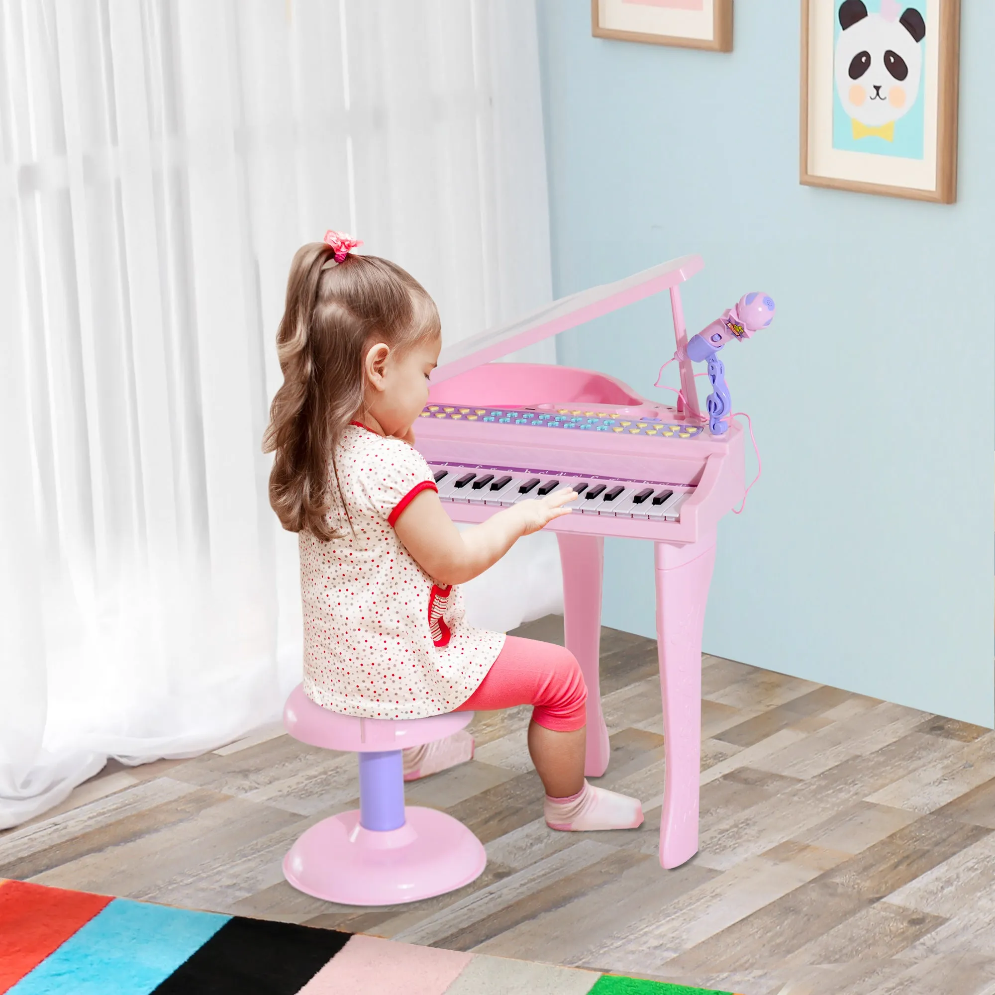 Mini Electronic Piano: 37-Key Keyboard, Multifunctional Musical Toy with Microphone, Stool for Kids - Pink