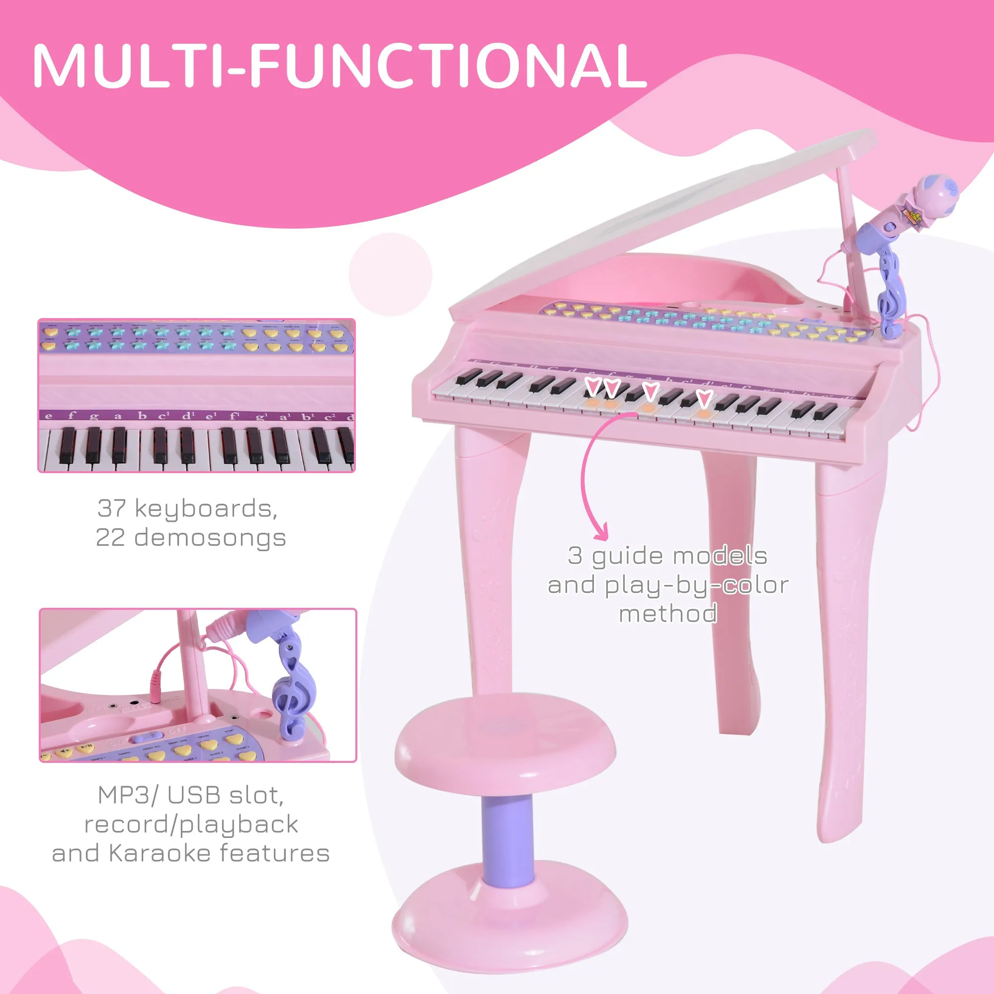 Mini Electronic Piano: 37-Key Keyboard, Multifunctional Musical Toy with Microphone, Stool for Kids - Pink