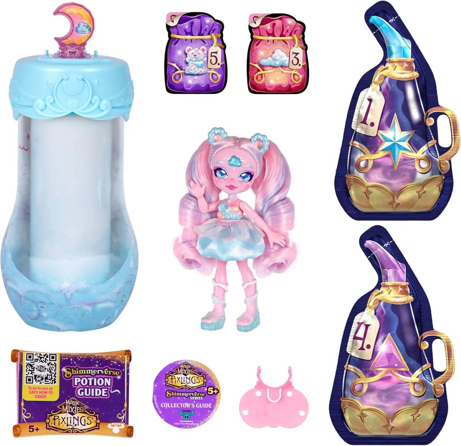 Mixies Pixlings Shimmerverse Series$ inferential audio stinger Create & Mix A Magic Shimmering Potion to Magically Reveal Bearlinda The Polar Bear$ This Beautiful 6.5" Fashion Doll Appears Inside The Potion Bottle Magic 