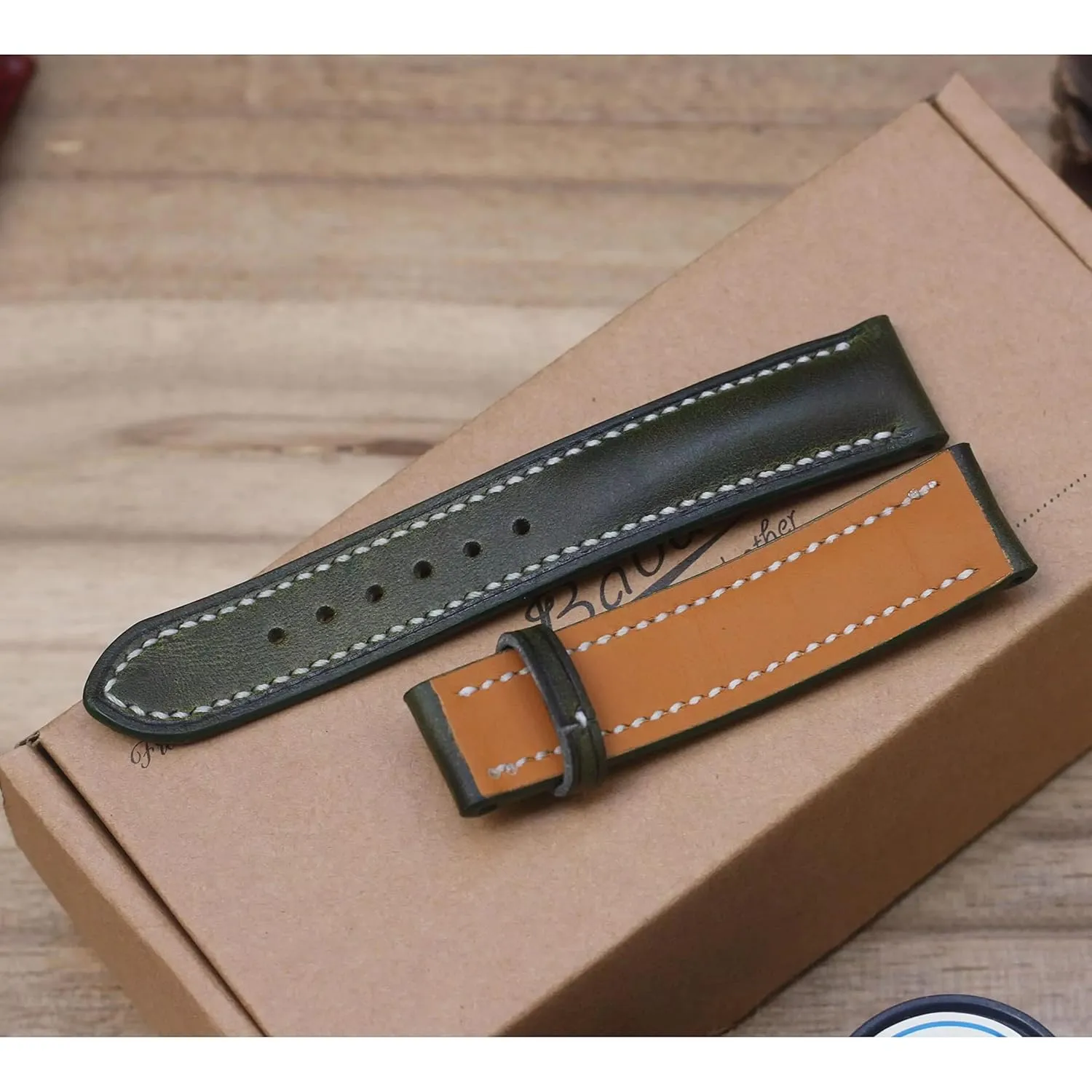 Moss Green leather watch strap, seasoning cessation periodization embed coexist biodiversity Handmade Vintage Cow leather watch band (14mm, Steel Folding Clasp) Dark 