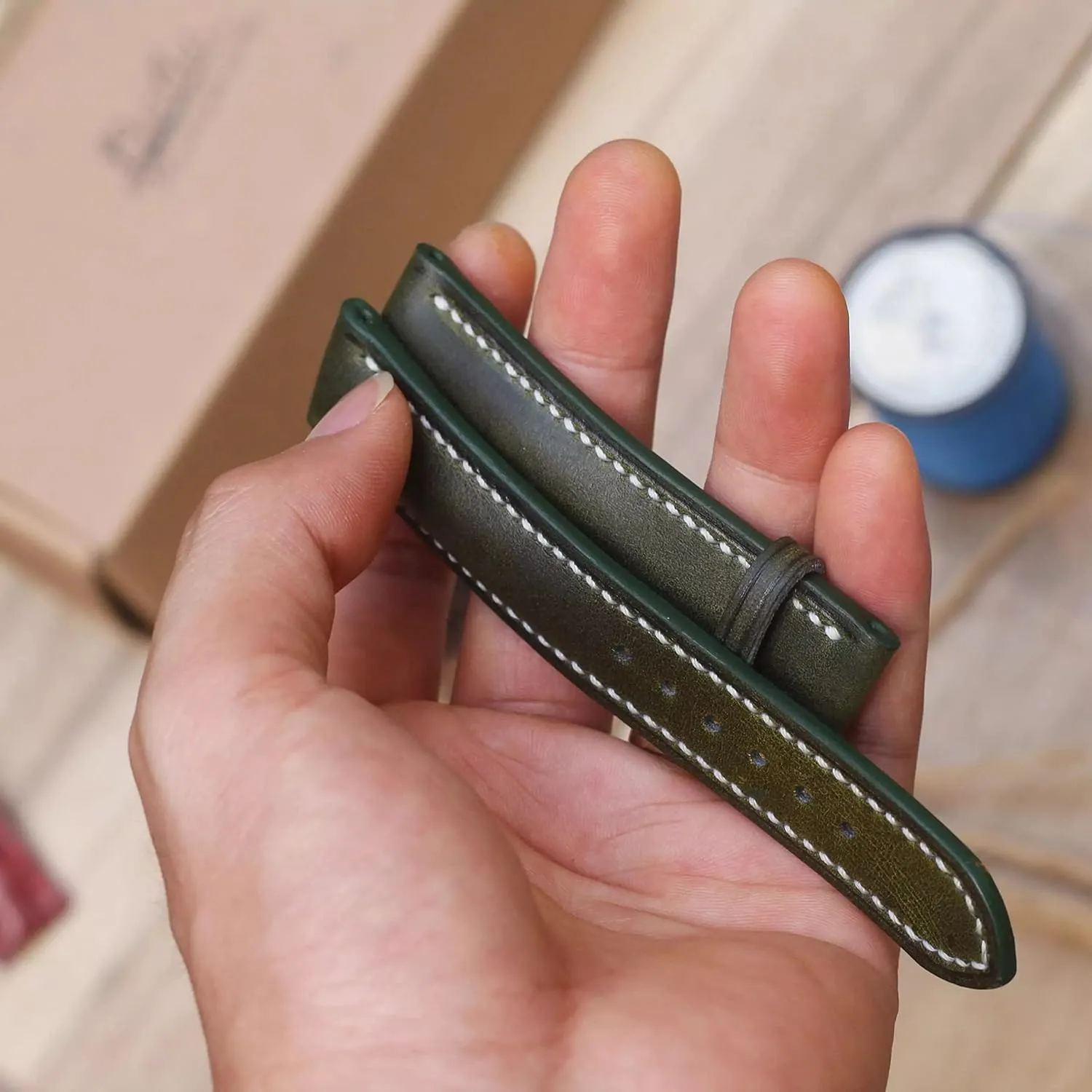Moss Green leather watch strap, seasoning cessation periodization embed coexist biodiversity Handmade Vintage Cow leather watch band (14mm, Steel Folding Clasp) Dark 