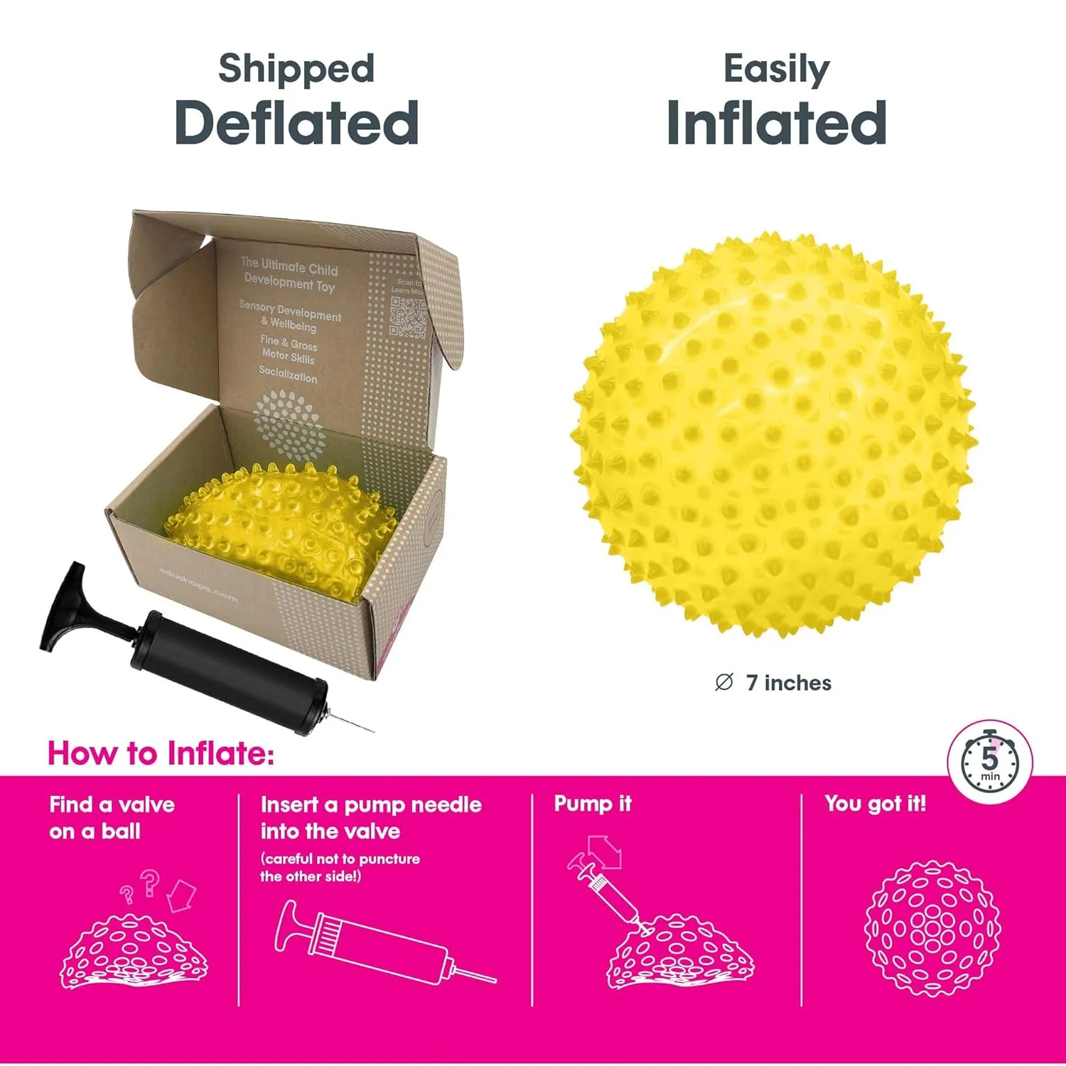 Motor Skills for Kids 6 Months & Up Edushape Original Sensory Ball for Baby - 7" Deflated with Pump$ cortex Transparent Yellow$ Enhances Gross 
