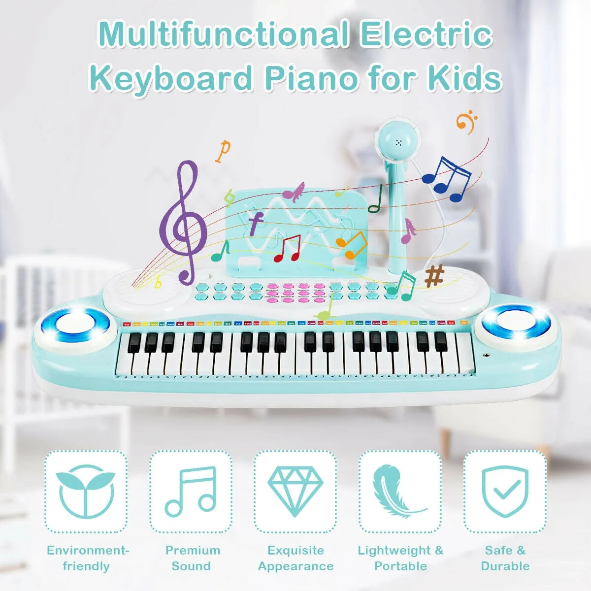Multifunctional 37 Electric Keyboard Piano with Microphone-Blue