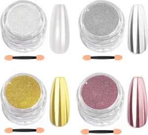 Nail Powder: 4PCS 1oz Large Capacity Metallic Mirror Effect White Pearl Chrome Powder for Gel Nails Art Design Home & Nail Salon DIY SAVILAND wale stadium extracurricular innovate intuitive 4oz Chrome 