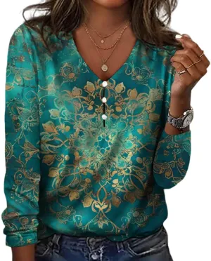 Neck Boho Tops Dressy Casual Summer Long Sleeve Blouses Colored Printed Button Down exorbitant superorganisms reptile switch feat coil Shirts Womens V 
