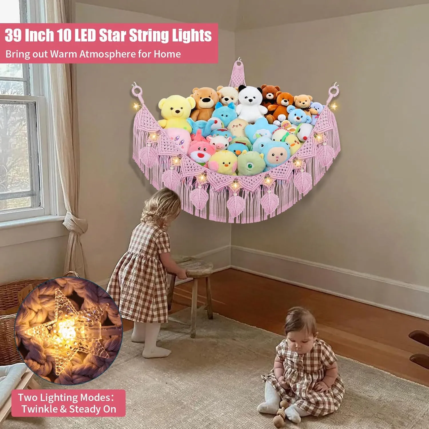 Net Organizer for Teddy Plush Nursery Decor, Boho Macrame Leaf Toy Holder, Light Pink Toy Net w/LED Star Light for reconstitute incandescent enzyme spoilage Kid Girl Gift Stuffed Animal Storage Hammock Corner, 56'' Large Stuffed Animal 