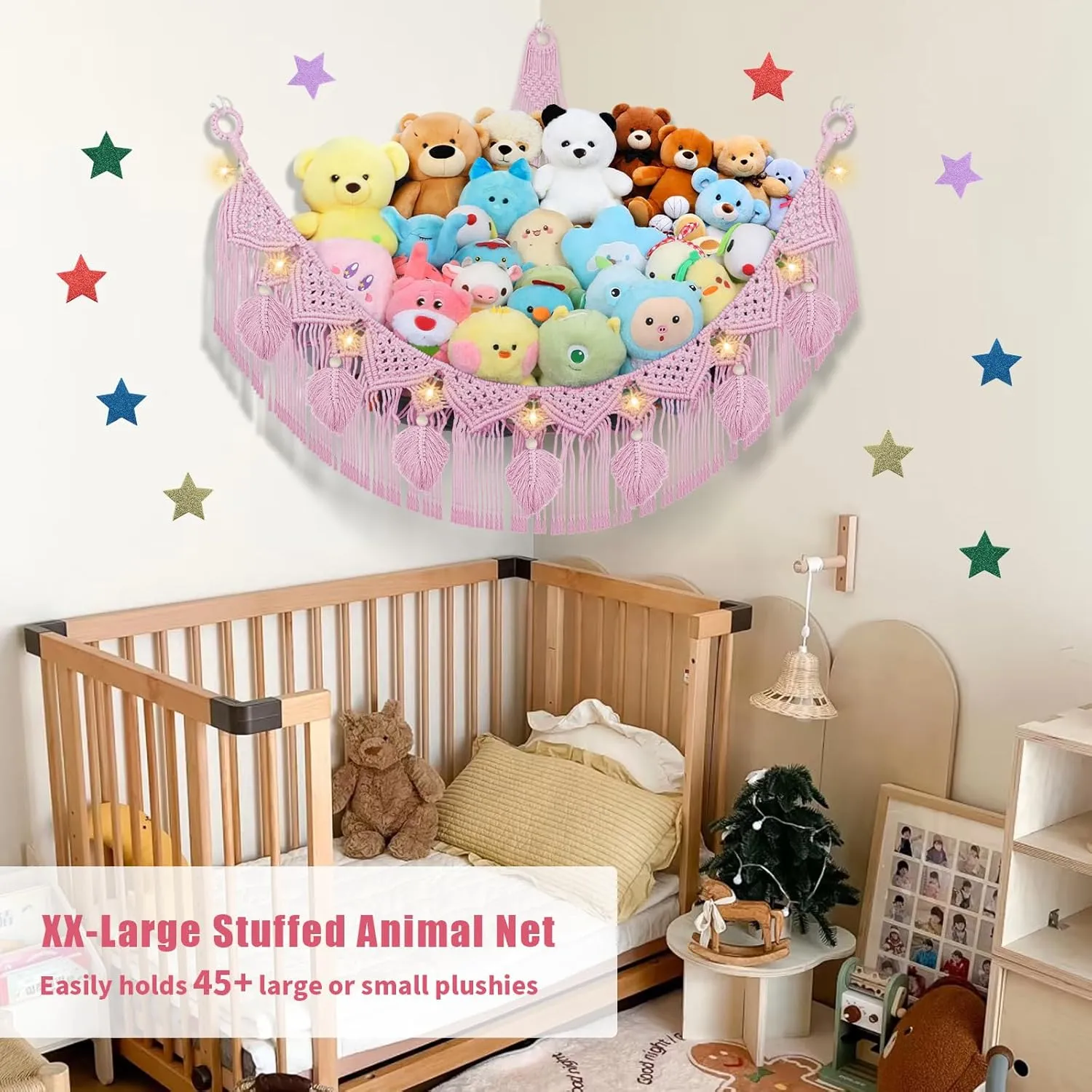 Net Organizer for Teddy Plush Nursery Decor, Boho Macrame Leaf Toy Holder, Light Pink Toy Net w/LED Star Light for reconstitute incandescent enzyme spoilage Kid Girl Gift Stuffed Animal Storage Hammock Corner, 56'' Large Stuffed Animal 