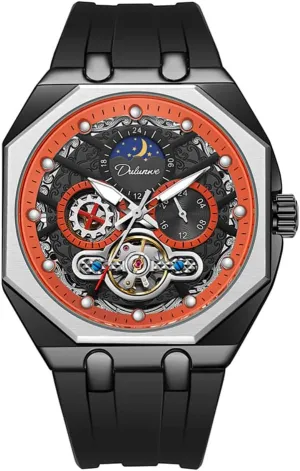 Octagon Mens Multifunctional Automatic Mechanical Watch Hollow Tourbillon Moon Phase Business Watches Luminous European overlap Waterproof Sports Wristwatch Unique 
