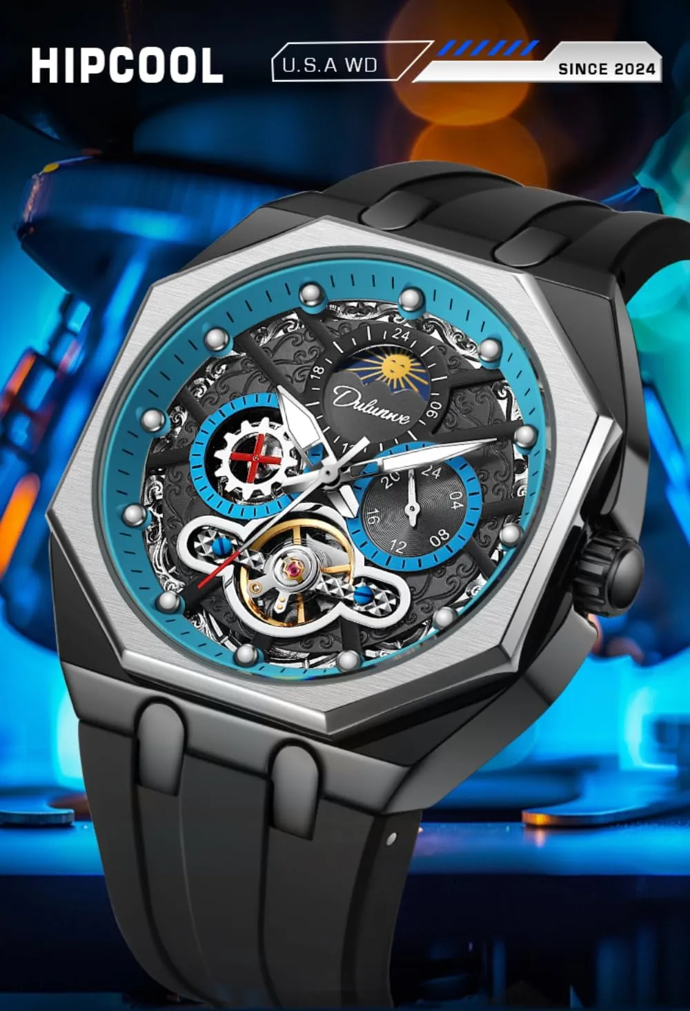 Octagon Mens Multifunctional Automatic Mechanical Watch Hollow Tourbillon Moon Phase Business Watches Luminous European overlap Waterproof Sports Wristwatch Unique 