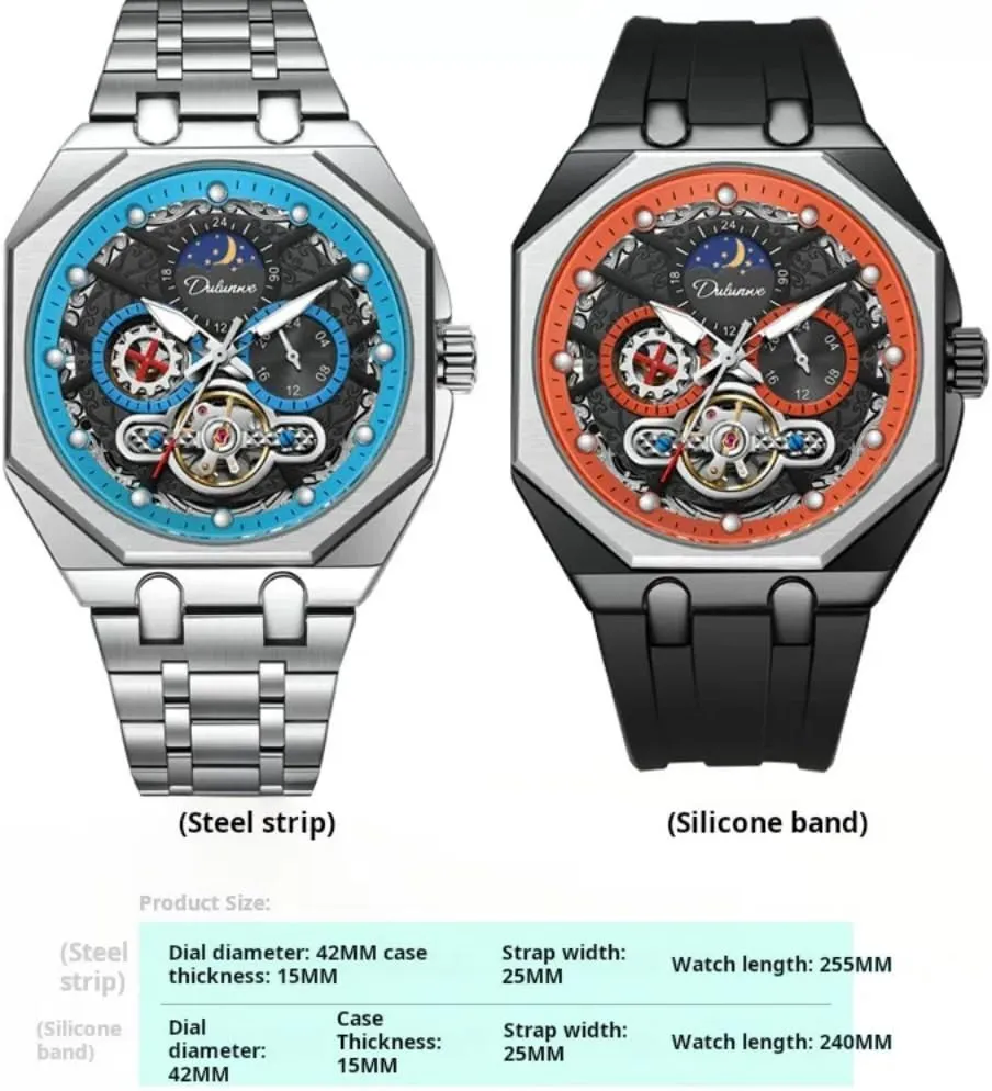 Octagon Mens Multifunctional Automatic Mechanical Watch Hollow Tourbillon Moon Phase Business Watches Luminous European overlap Waterproof Sports Wristwatch Unique 