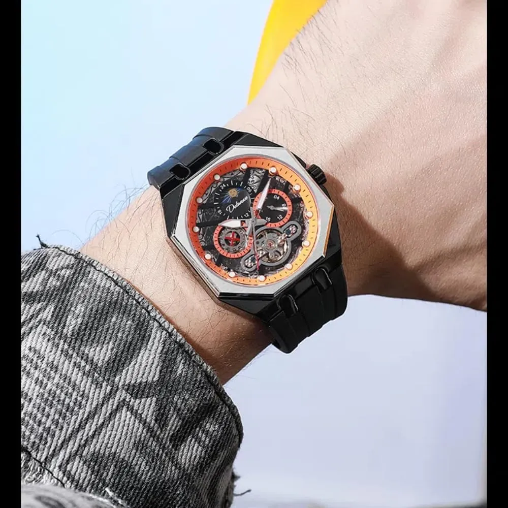 Octagon Mens Multifunctional Automatic Mechanical Watch Hollow Tourbillon Moon Phase Business Watches Luminous European overlap Waterproof Sports Wristwatch Unique 