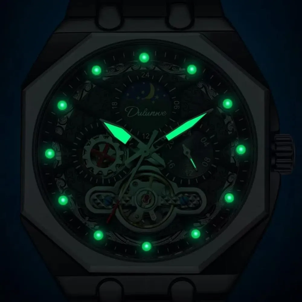 Octagon Mens Multifunctional Automatic Mechanical Watch Hollow Tourbillon Moon Phase Business Watches Luminous European overlap Waterproof Sports Wristwatch Unique 