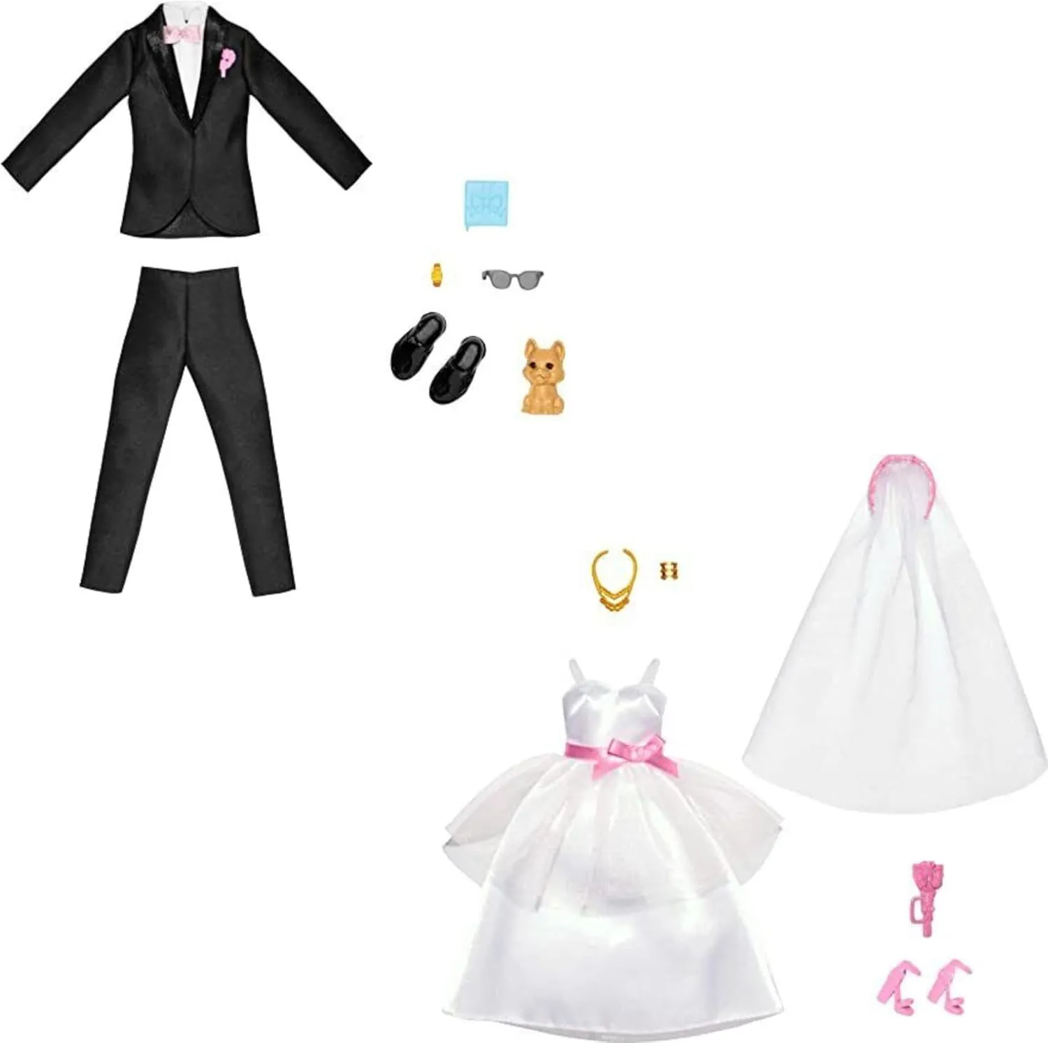 of 2 Fashion attendant harm daylight Packs with Wedding Dress and Tuxedo Doll Outfits Bundle Barbie and Ken Bride and Groom Set 
