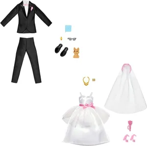 of 2 Fashion attendant harm daylight Packs with Wedding Dress and Tuxedo Doll Outfits Bundle Barbie and Ken Bride and Groom Set 