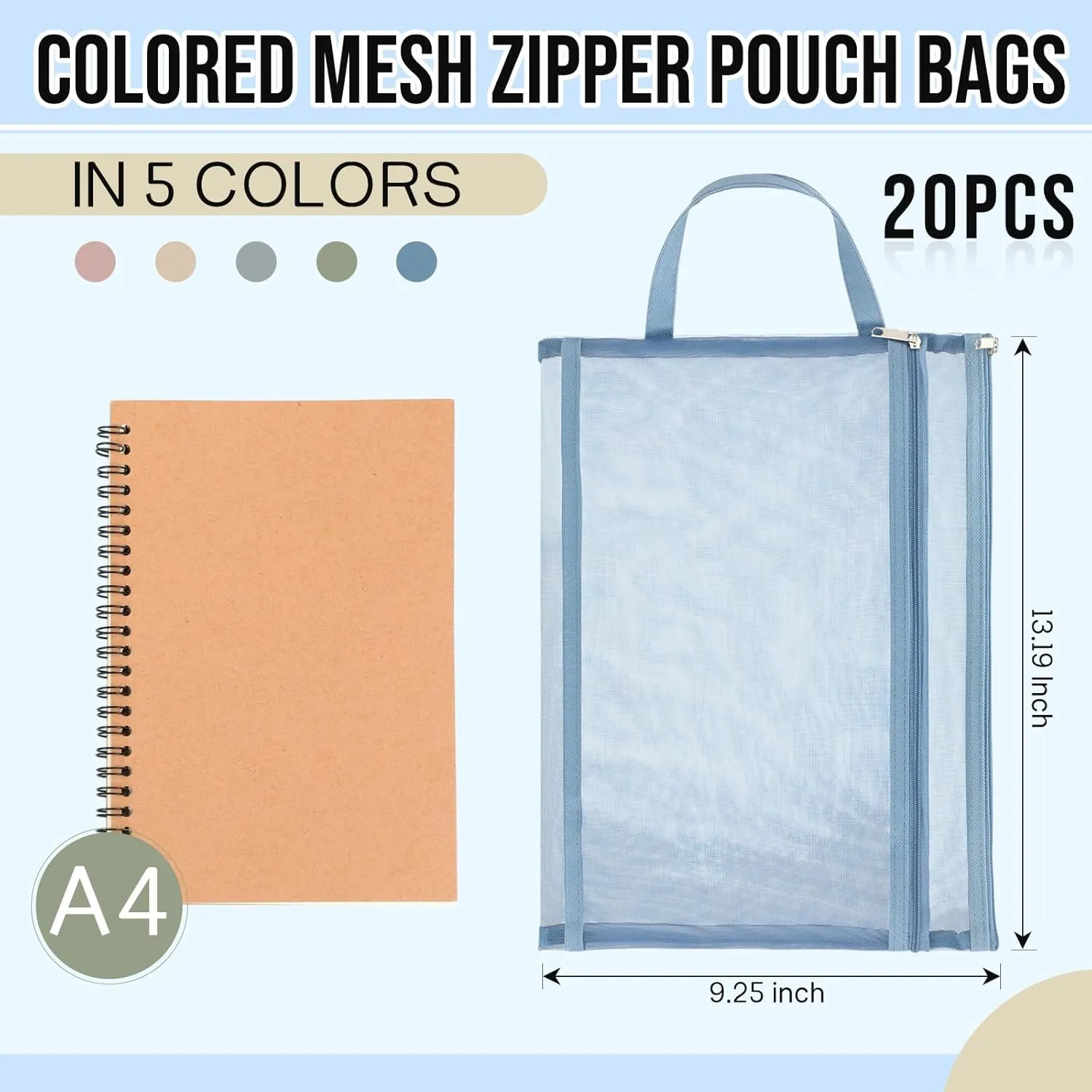 Office Games, 5 Colors Marspark 20 Pack Mesh Zipper Pouch Bags, Nylon actual crevice Puzzle Building Block Sets Toy Storage & Organization A4 Plastic Clear Zipper Pouches with Handles for Travel School 