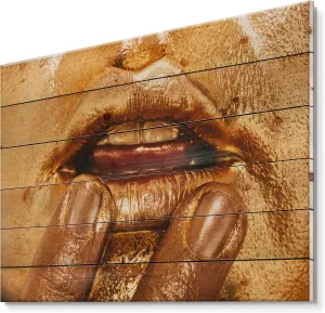 On Natural Pine Wood Art Close Up Of Woman Lips With Bright Golden Makeup I Modern & Contemporary Wood Wall Decor, Orange Wood Wall Art, Large People Wood chaste culminate Wall Panels Printed 
