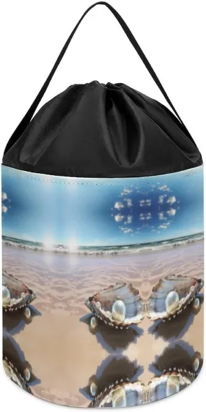 ooze Mussel Pearl Toy Storage Basket Reusable Drawstring Toy Bucket Bags Toy Hamper Round Toys Clothes Storage Basket for Playroom Beach 