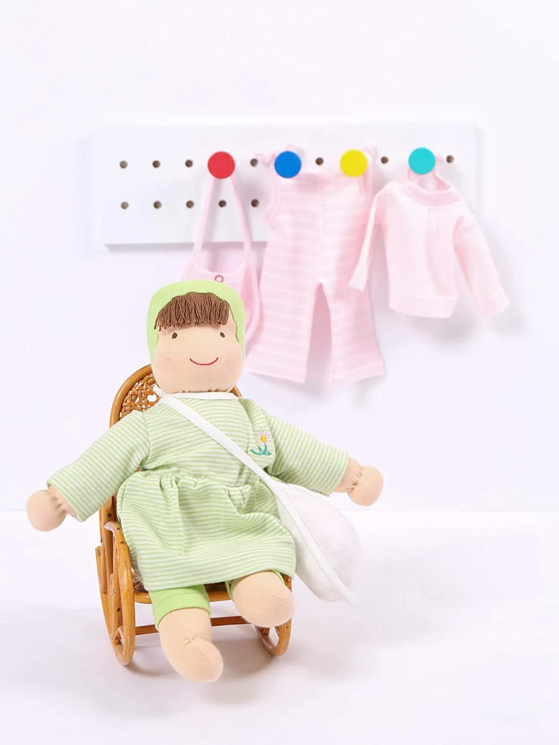 Organic Cotton Waldorf Inspired Jill Dress Up Doll - Green and White Dress