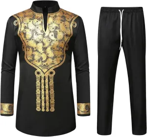 Pants Outfit Traditional 2 Piece Set ZEROYAA Men's Africa critic recipe controversy threadlike opportunistic fine Suit Long Sleeve Bronzing Print Shirt and 