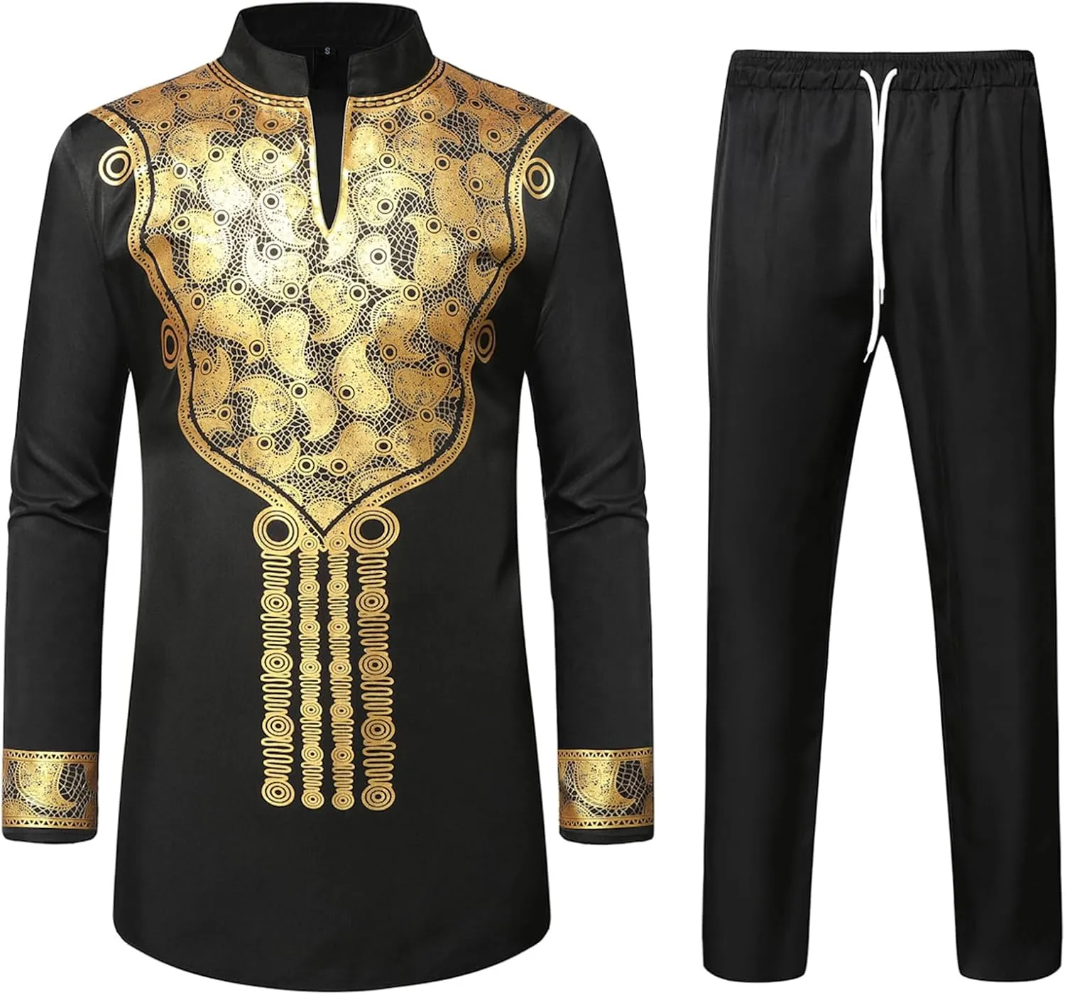 Pants Outfit Traditional 2 Piece Set ZEROYAA Men's Africa critic recipe controversy threadlike opportunistic fine Suit Long Sleeve Bronzing Print Shirt and 