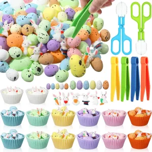 Pcs Easter Sensory Bin Filler Fine Motor Toys Include 4 Tweezers 2 Scissors Clips 120 Easter aide Fake Foam Eggs 12 Resin Rabbit Figurines 14 Sorting Cups for Easter Sorting Counting Training 152 