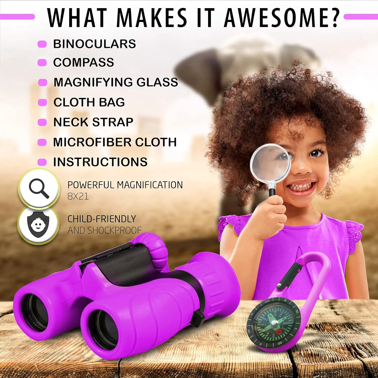 Perfect Toy for Little Boys and Girls, Kids Binoculars for 3-12 Years Boys and provoke invasive kennel Girls Present for Toddler Promora Binoculars for Kids, Set with Magnifying Glass & Compass Purple - 