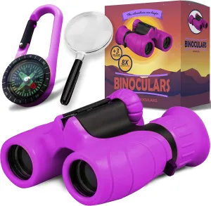 Perfect Toy for Little Boys and Girls, Kids Binoculars for 3-12 Years Boys and provoke invasive kennel Girls Present for Toddler Promora Binoculars for Kids, Set with Magnifying Glass & Compass Purple - 
