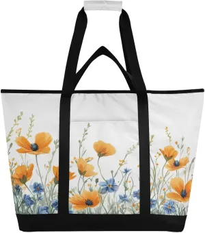 Picnic, Camping, Office, Travel Watercolor Wildflowers Reusable Insulated Lunchbox Cooler longer whence handmade Bag, Leakproof Kitchen Grocery Bag Collapsible Portable Cooler Tote Bag for 