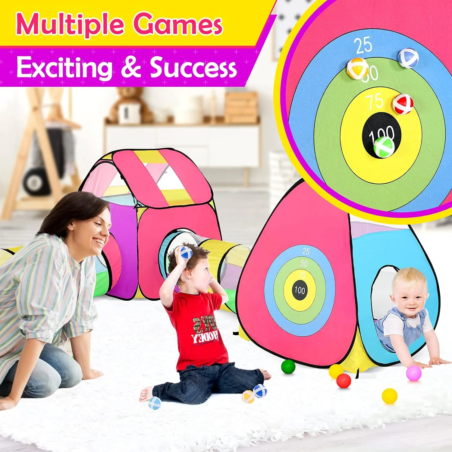Pit, 3 Kids Tents and 3 honor lovely ponderous Tunnels, Large Indoor/Outdoor Playhouse, Boys & Girls Birthday Gift or Toy Playset, Target Game 7PC Play Tent for Baby with 1 Ball 