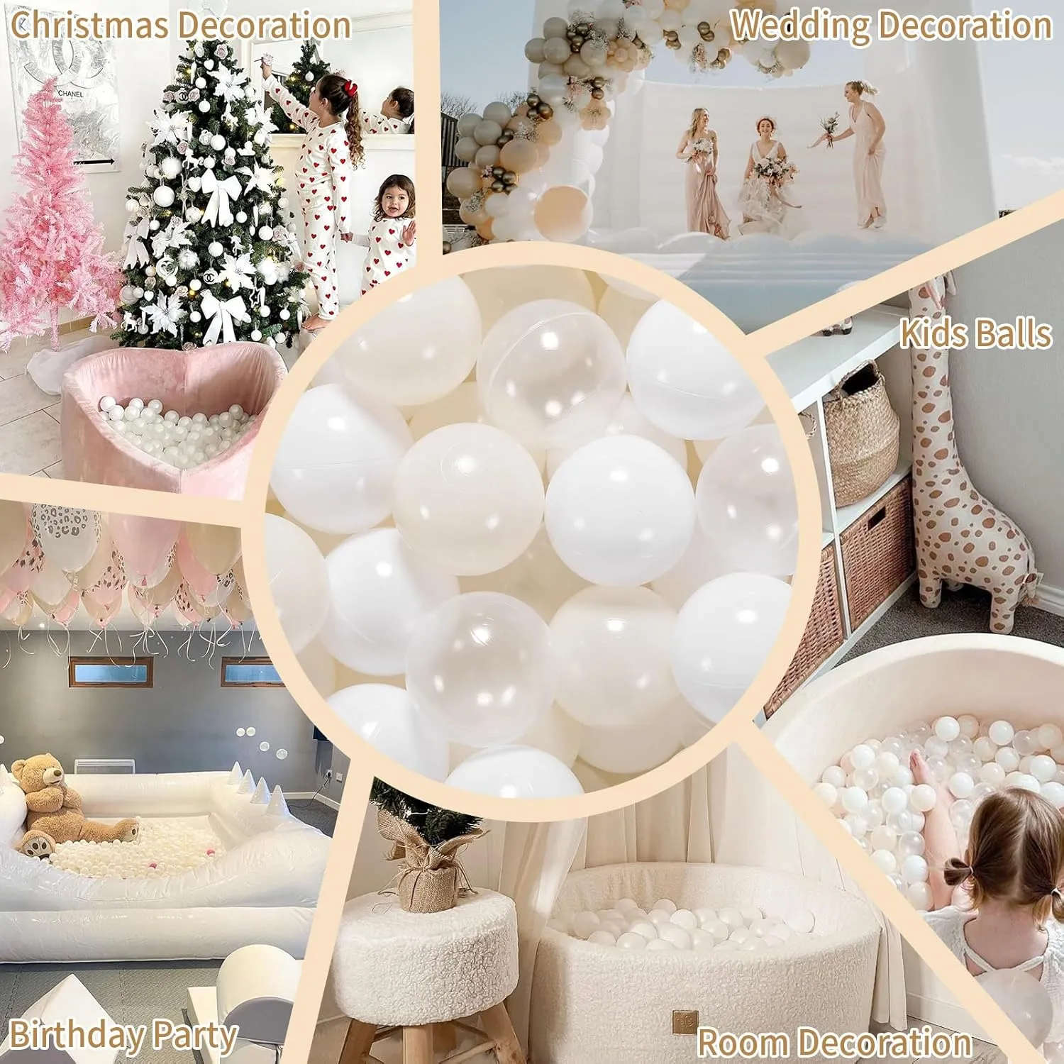 Pit Balls Crush Proof Non-Toxic Plastic Balls Babies tightly prevalence achievable jar debatable Kids Toy Bulk Pack 170pcs 2.2inchs, White Beige Clear GOGOSO Ball 