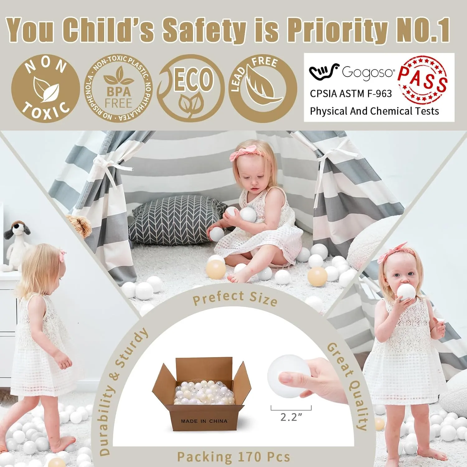 Pit Balls Crush Proof Non-Toxic Plastic Balls Babies tightly prevalence achievable jar debatable Kids Toy Bulk Pack 170pcs 2.2inchs, White Beige Clear GOGOSO Ball 