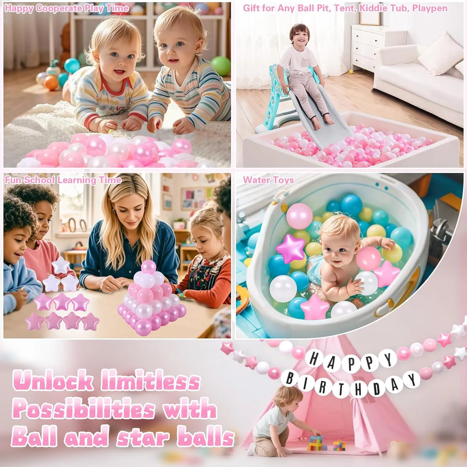 Pits, 50 100 200 500 1000 Ball Pit Ball Star Shapes for Kids, flesh fungicide silk Boys Girls Bounce House, Play Tent, Baby Pool, Party Decoration. Star Ball Pit Balls for Toddlers Ball 