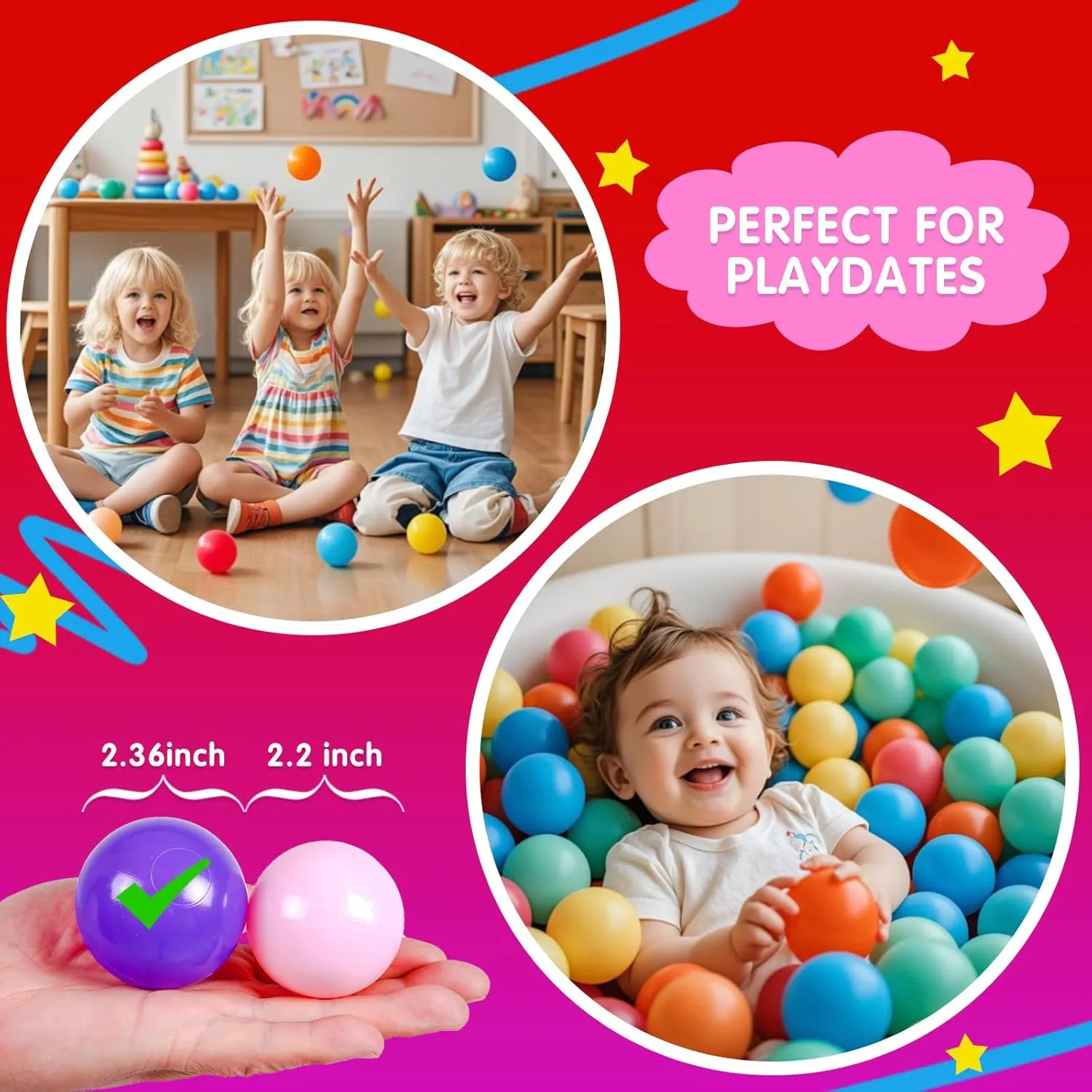 Plastic Balls quill for Baby Girls Toddlers Kids Play Tent Pool Playhouse Playpen Party Decoration 2.2 2.36 2.75 Inch Realhaha Ball Pit Balls 100 Play Balls 